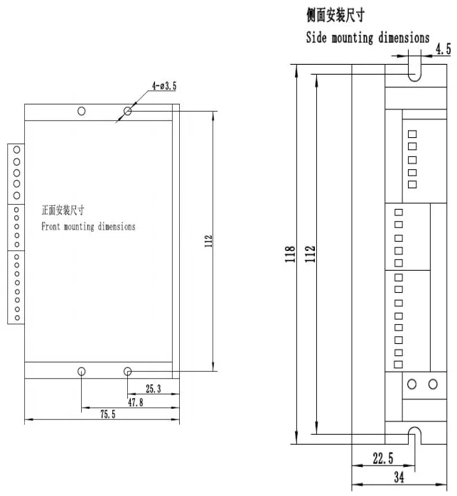 Mounting dimensions of the brushless DC driver