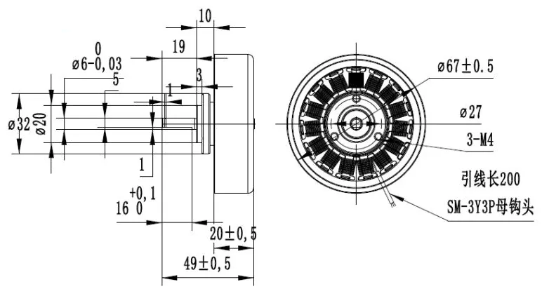 Outline drawing of the HS57 outer-rotor generator