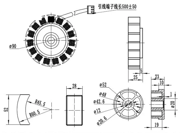 Outline drawing of the HS90 outer-rotor generator